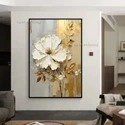Special Abstract White Flower Knife Thick Oil Painting On Canvas Handmade Gold Foil Luxury Flower Floral Wall Art Room Decor
