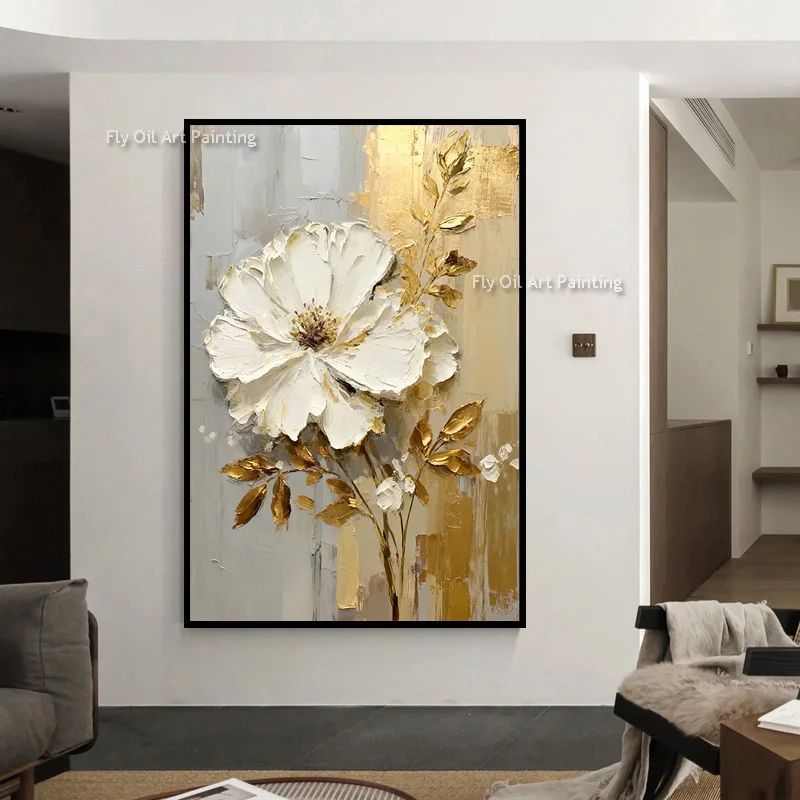 Special Abstract White Flower Knife Thick Oil Painting On Canvas Handmade Gold Foil Luxury Flower Floral Wall Art Room Decor