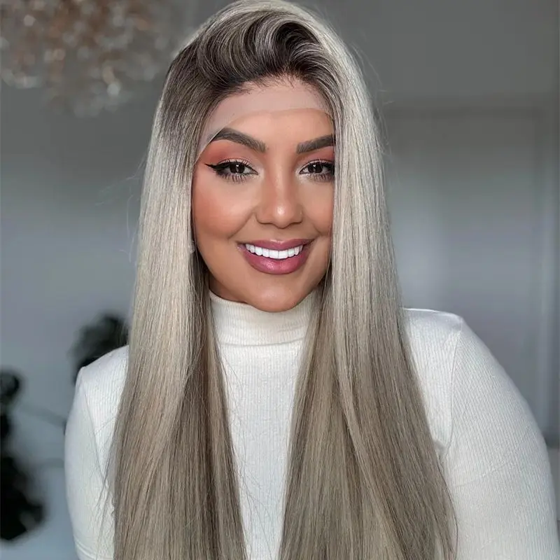 Ombre Platinblond mit braunen Streifen, Lace-Front-Perücke, hochwertige, leimlose, hitzebeständige synthetische Perücke, vorgezupfter Haaransatz