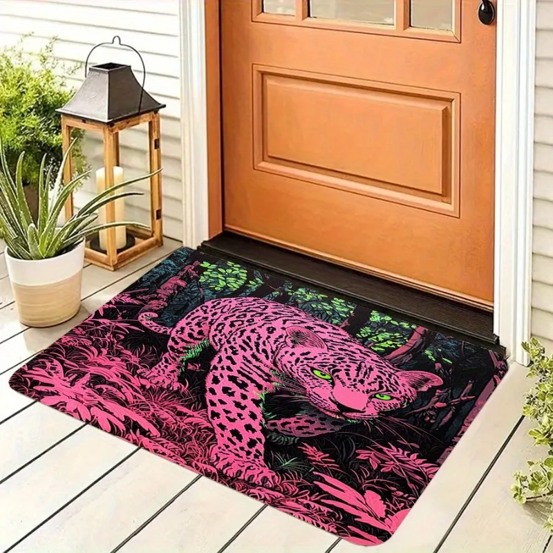 Pop Art Leopard Floor Mat 1pc – Bright Pink Jaguar in Forest Design, Stylish Indoor Doormat for Home Decor and Fashion Lovers