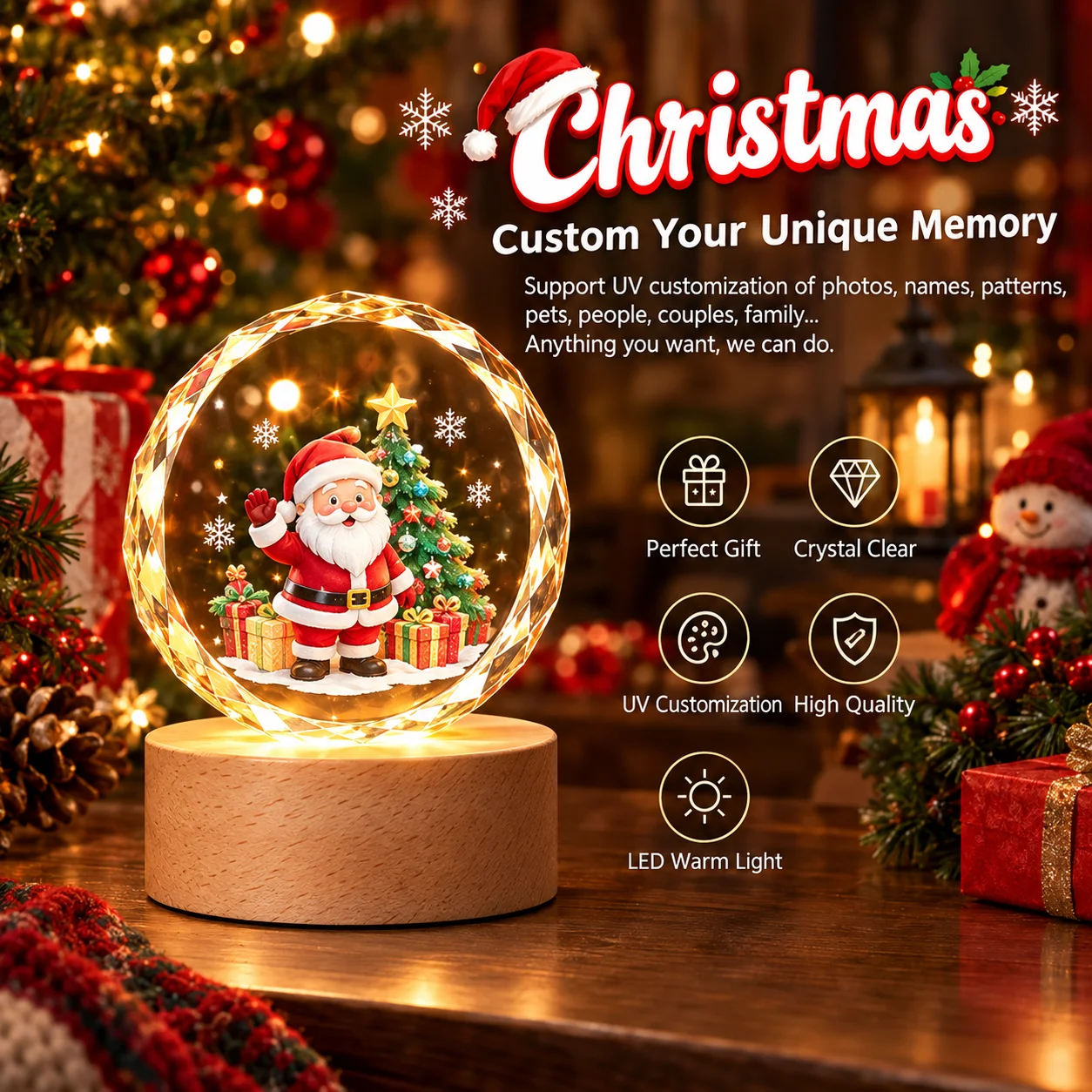 Christmas Crystal Ball Night Light Santa Claus UV Printed Warm LED Light Christmas Gift Home Table Decor