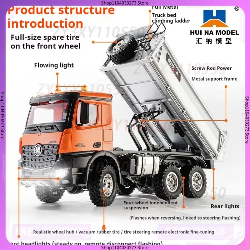 

Huina 1598 Full Scale 1:14 Lighting Fourteen Channel Alloy Remote Control Dump Truck Engineering Transport Vehicle Toy Christmas