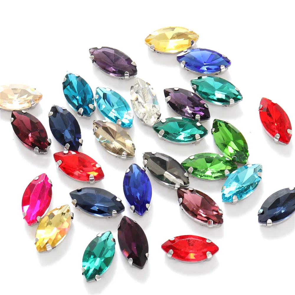 EQIANAO 100PCS Marquise SewOn Rhinestones Silver Claw Crystal Glass Multi‑Color Strass For DIY Jewelry Wedding Shoe Garment Deco