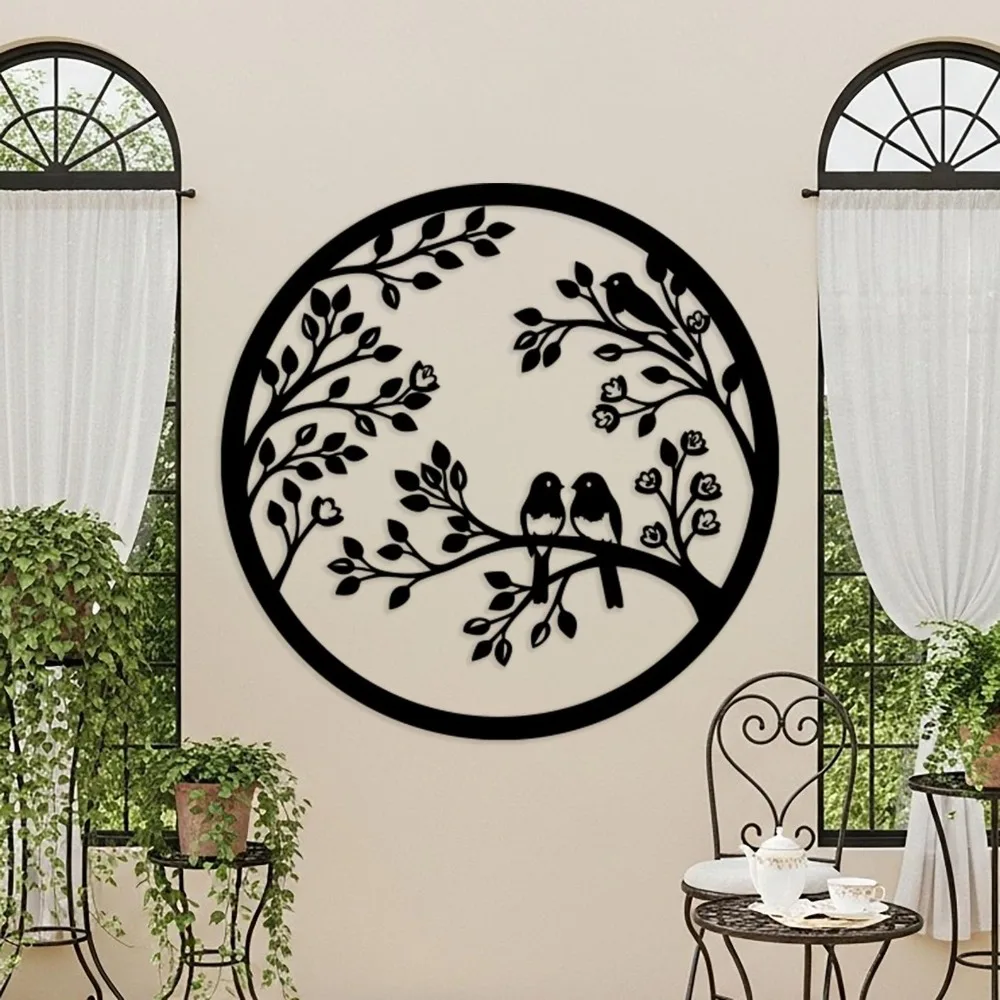 Flat Lovebirds on Branch Metal Wall Art, Laser‑Cut Iron Silhouette, Powder‑Coated Rust‑Resistant Floral Tree Bird Wall Decor