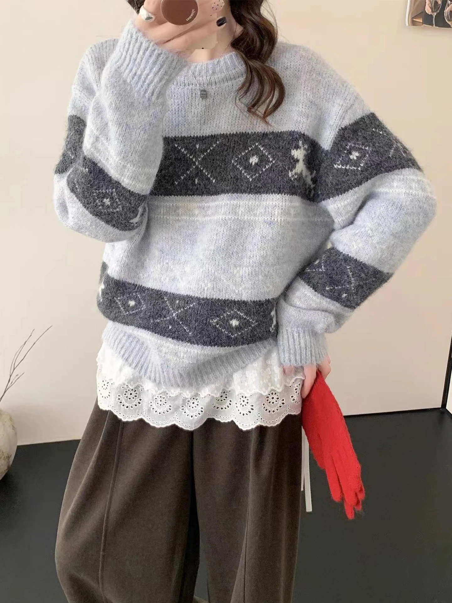 Lose Gestrickte Farbe Blo Floral Stickerei frauen Pullover Winter Neue Sle Vintage runde Ne Lange Sve Polyester Faser