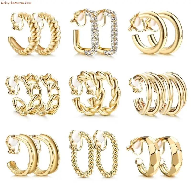 F92D 9Pairs Elegant Gold Plated Dumpy Hoop Clip Earrings No Pierced For All Ages