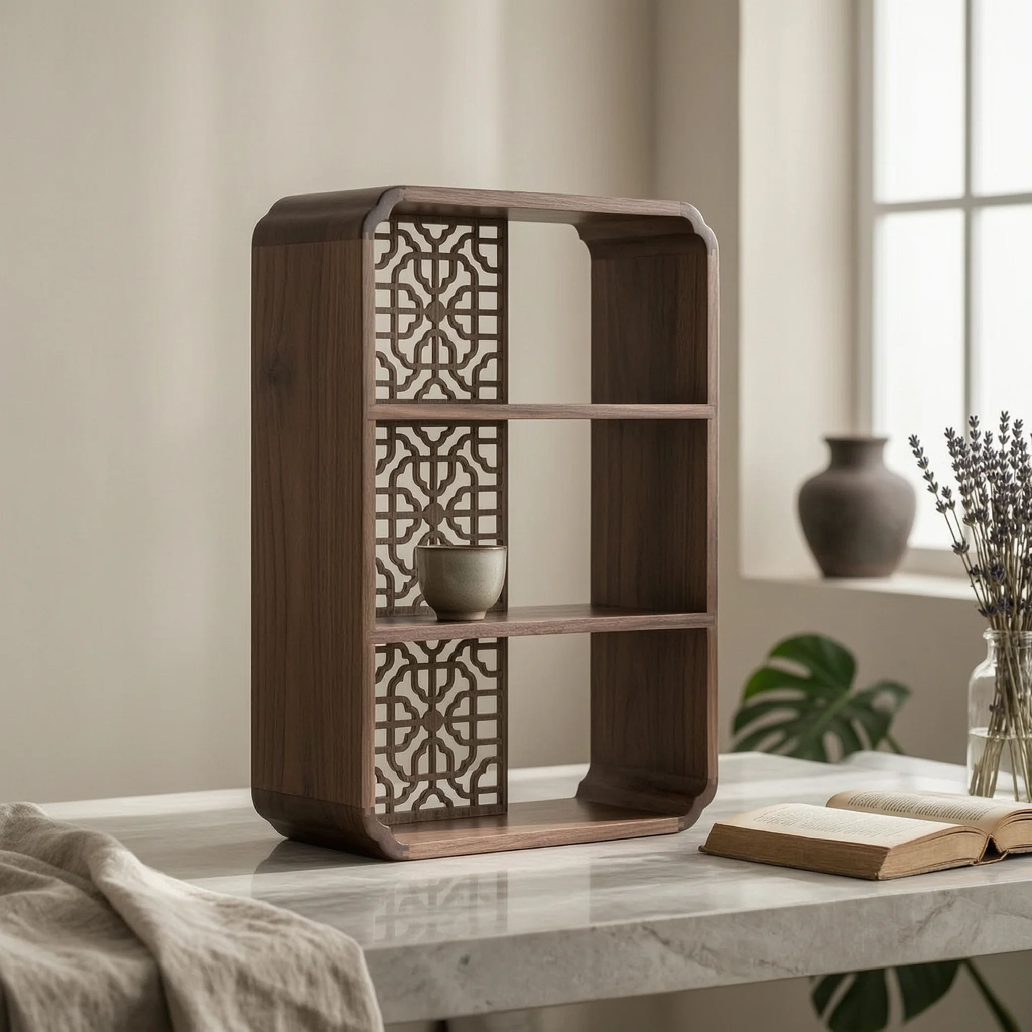 Wood Display Shelf with Carved Lattice Traditional Three-Tier Shelf Wooden Bookshelf Sturdy Storage Organizer Stable