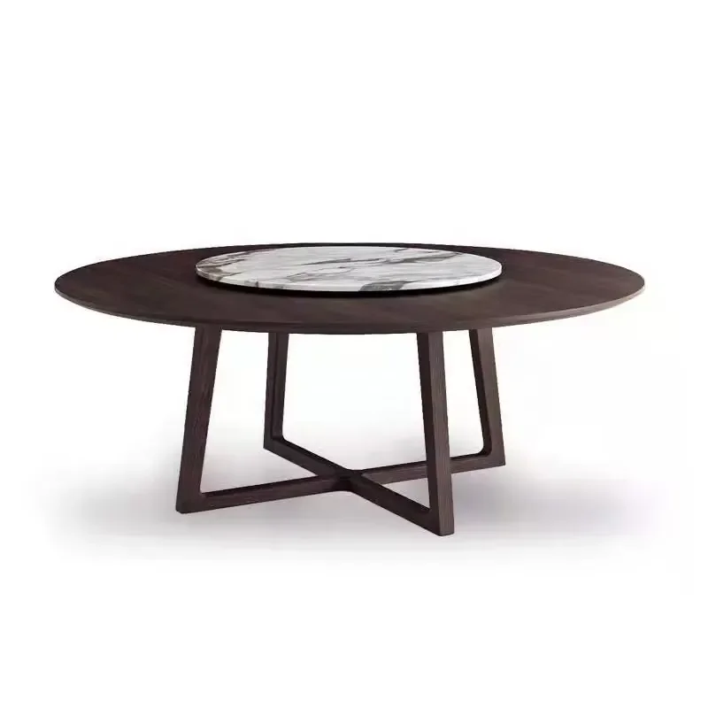 Italian Restaurant Furniture 8 Seater Dining Table Set Wooden Legs Marble Round Dining Table With Rotating Turntable