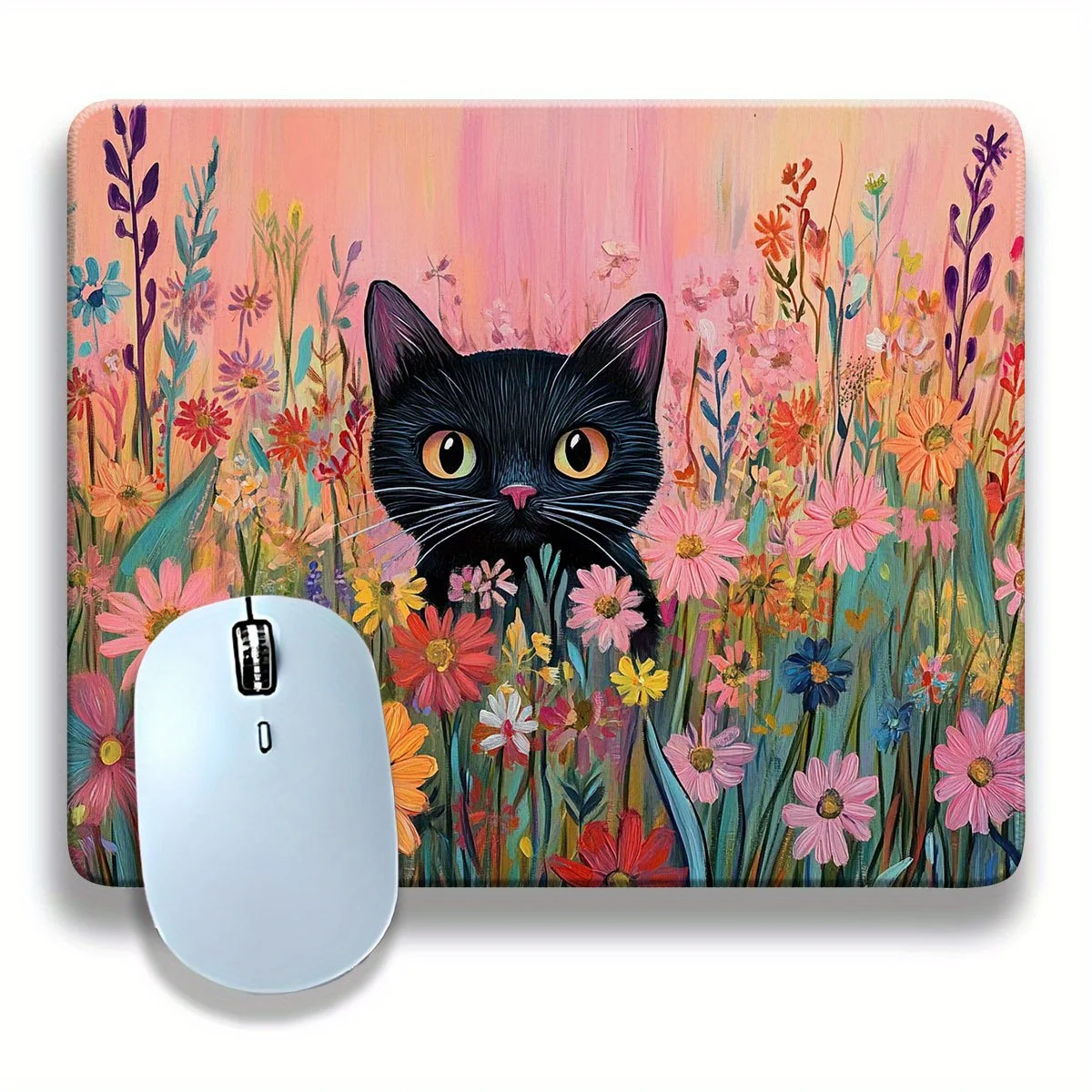 

The mouse pad features a pink cat flower field oil painting design, which is anti-slip, waterproof and washable, of high quality