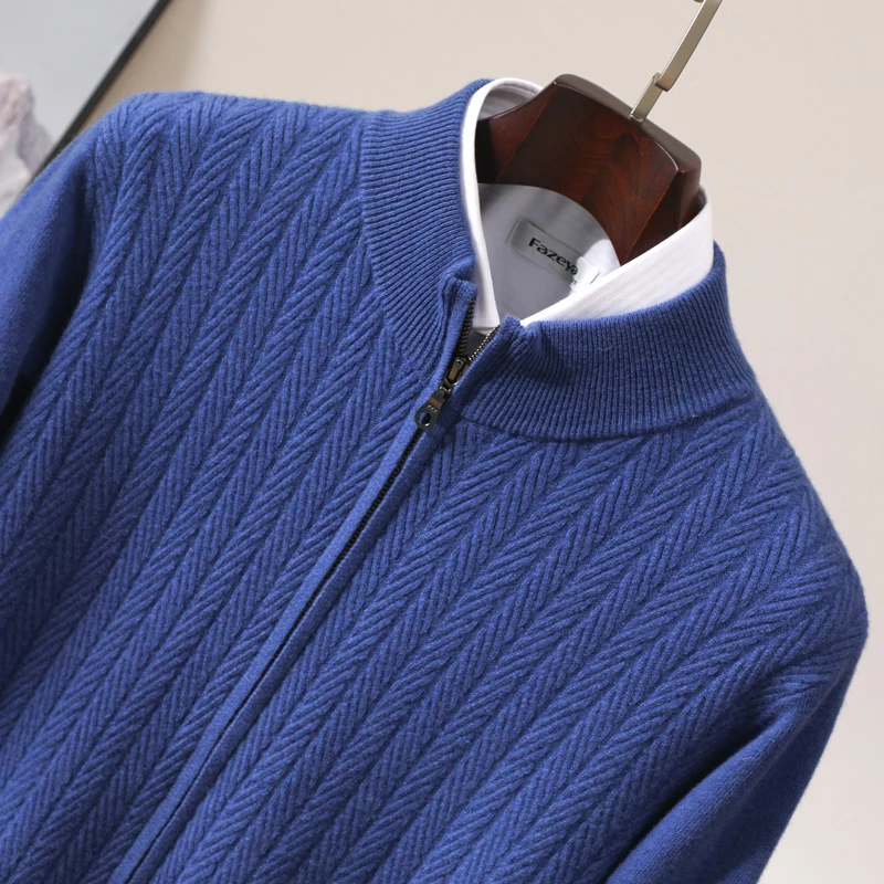 Men\'s New Autumn And Winter Top 100% Merino Wool Knit Sweater With Zipper Stand Up Collar And Wheat Grain Pattern Cardigan