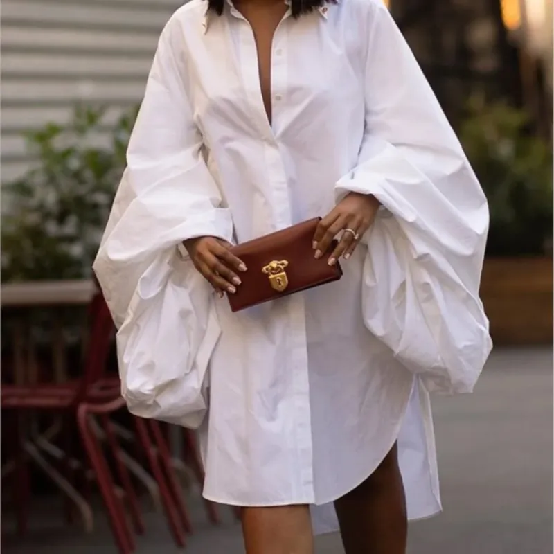 

Spring Autumn New Long Sleeve Shirt Dress Women Clothes Turn-down Collar Button Up Side Slit Loose Fit Party Midi Dresses