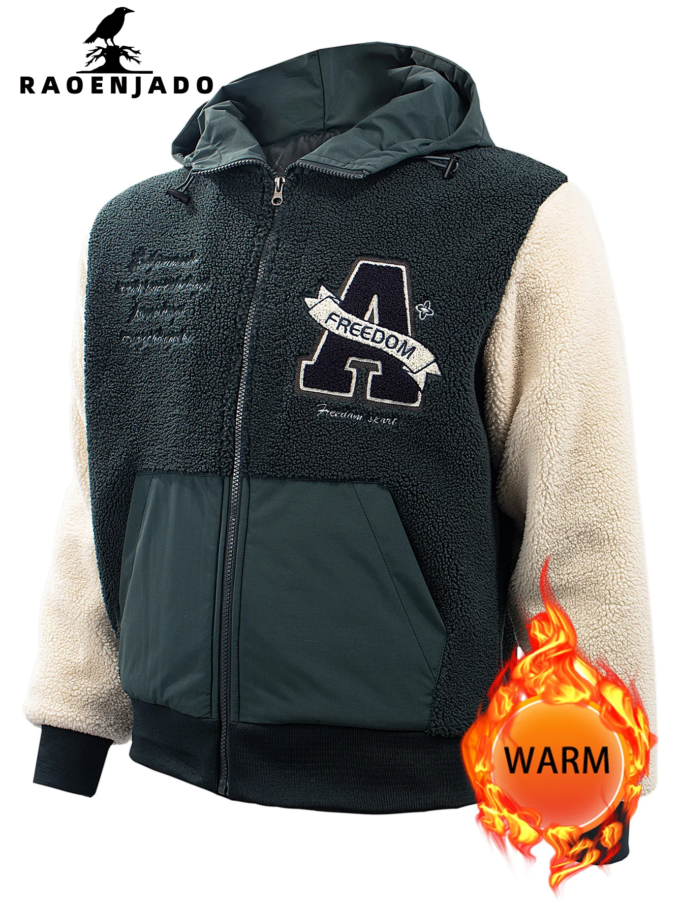 

Men's Hooded Fleece Zipper Jacket Thickened Warm Autumn & Winter Outerwear with Alphabet Embroidery Patchwork Casual Loose Coat