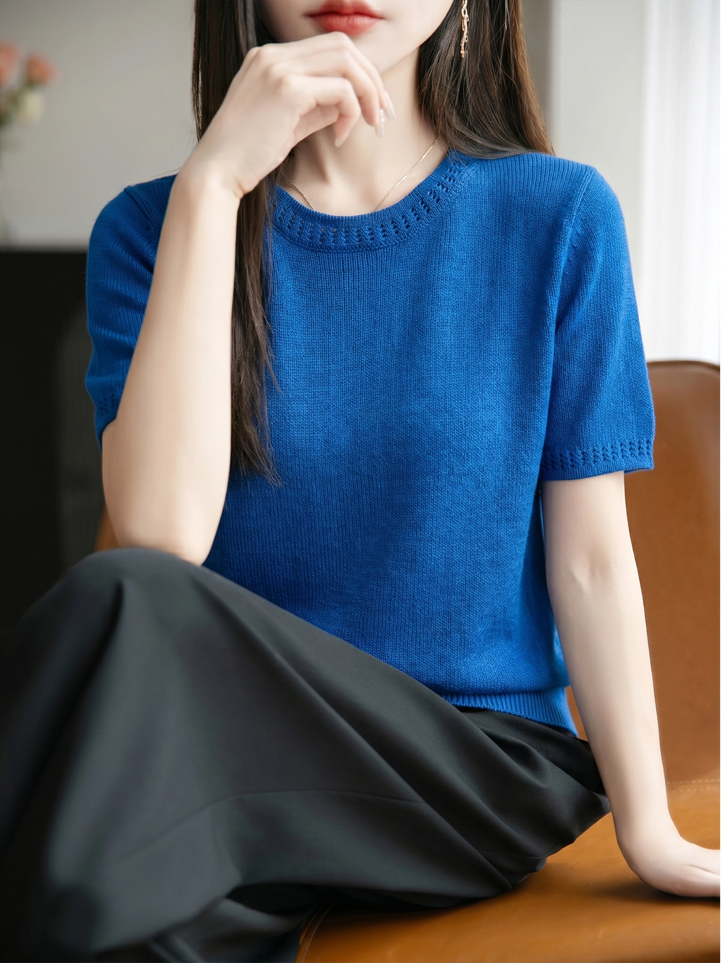 French Style Loose Fit Ice Silk Knitted Short Sleeve T-Shirt Hollow out Design round Neck Top for Women Summer Thin Wear