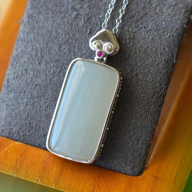 SGARIT Authentic Jadeite Hetian White Jade S925 Silver Inlay 13*31mm Square Pendant Simple Design Fine Jade Texture Necklace