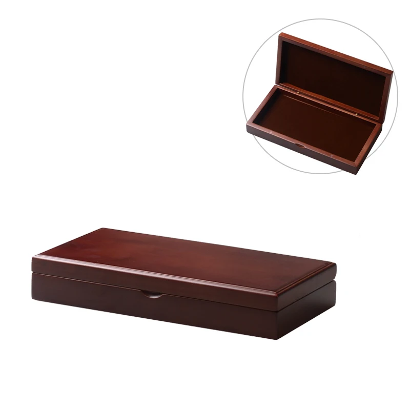 Wooden Treasure Box with Brass Latch Wood Pen Tray Desktop Office Storage Box Coin Keys Holder 25x13cm (Dark Red Finish)