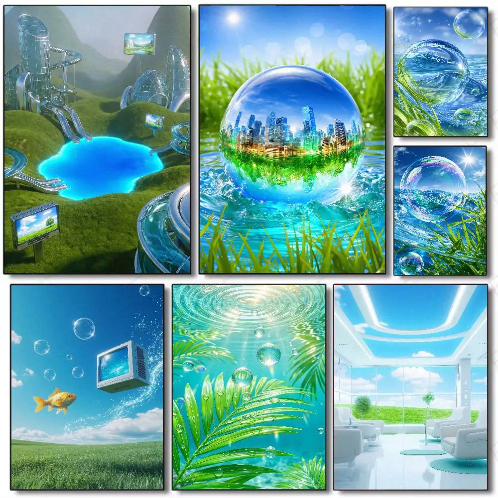 Frutiger Aero Style Poster Blue Sky Bubble Landscape Art Print, Clean Futuristic Green Nature Scenery Aesthetic Y2K Room Picture