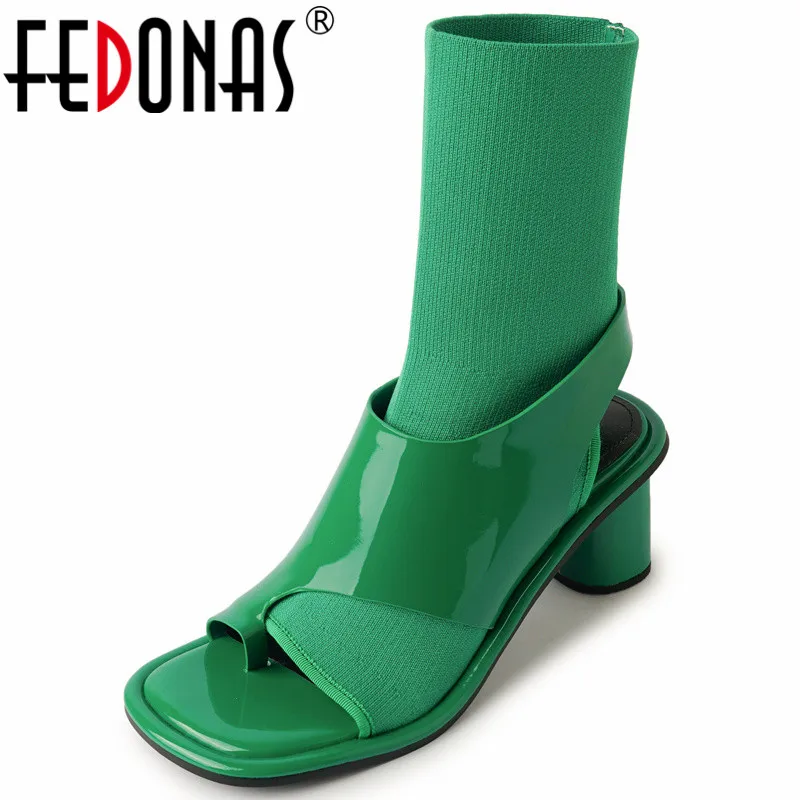 FEDONAS Splicing Genuine Leather Knitting Women Sandals Boots Spring Summer Fashion Peep Toe Side Zipper Party Prom Shoes Woman