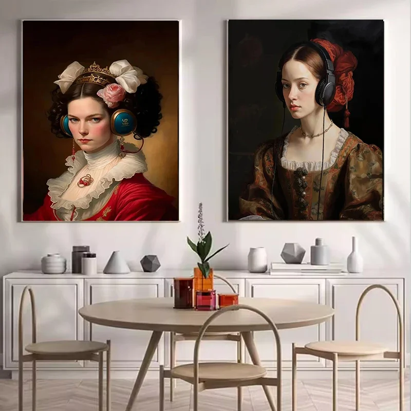 Renaissance Woman Wearing Headphones Figure Poster Print Vintage Altered Art Canvas Painting Baroque Bedroom Home Decor Picture