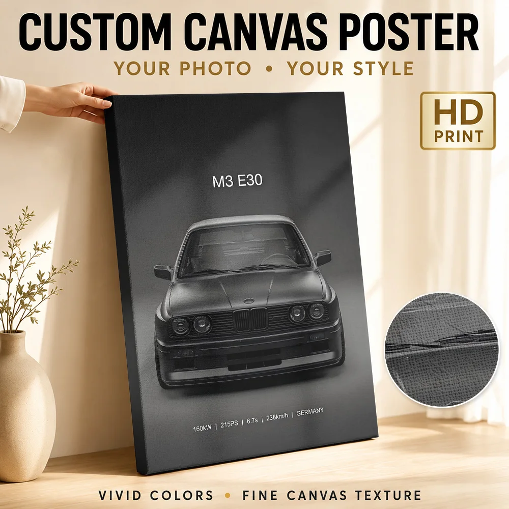 Sleek black Sports evo E30 Front View car Canvas Painting Poster Customized Photo Retro Automotive Wall Art for Man Cave Decor