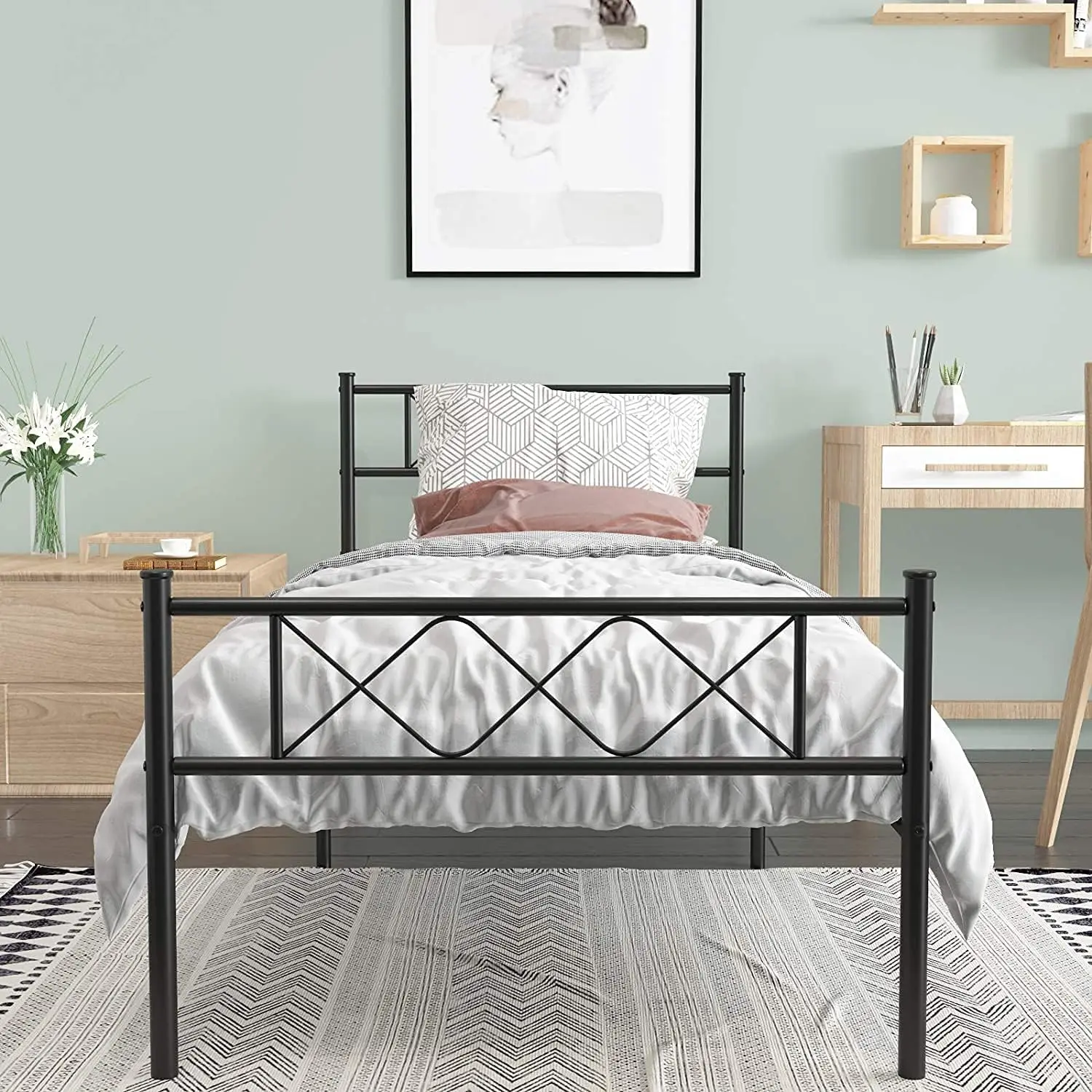 Twin Bed Frame,12.7 inch Metal Platform Bed Frame with Storage Bed for Kids Girls Boys Adults with Steel Headboard Footboard