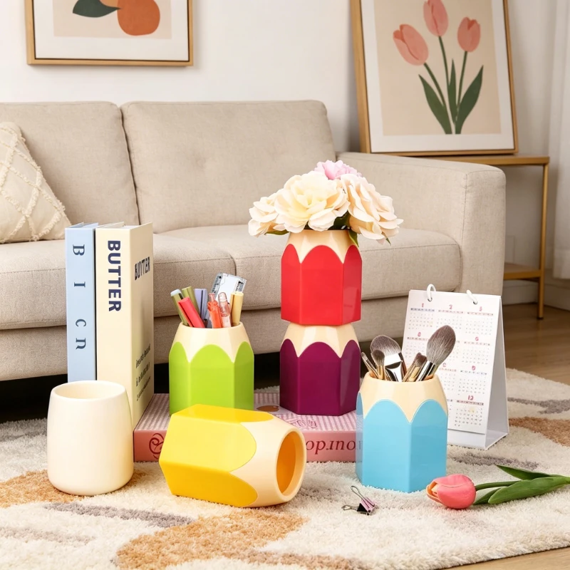 9pcs Pencil Pen Cup Hexagon Color Block Plastic Desk Organizer Multi Purpose Marker Brush Storage Holder for Table Makeup Brush