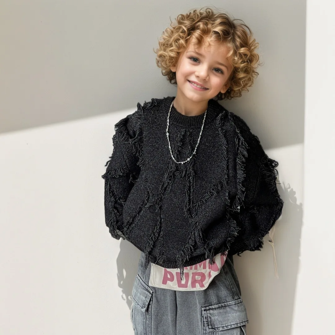 2026 Autumn Baby Boys Tassel Knit Sweaters Loose Knitwear Kids Clothes Winter Boys Round Neck Pullovers Soft Casual Top for Kids