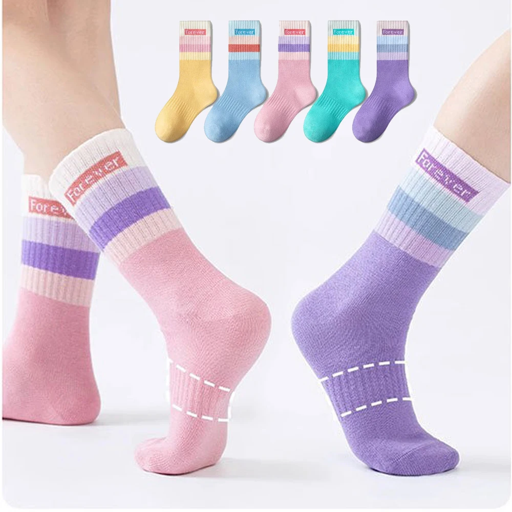 5 Pairs Children's Socks, Girls' Mid tube Socks , Autumn/Winter,Breathable Girls Students Rainbow Sports Socks