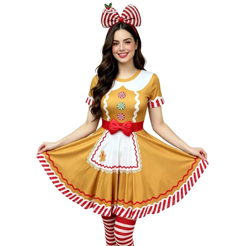 Women Christmas Gingerbread Man Cosplay Costume Short Sleeve Swing Dress Striped Socks Set Halloween Xmas Party Cos Outfits