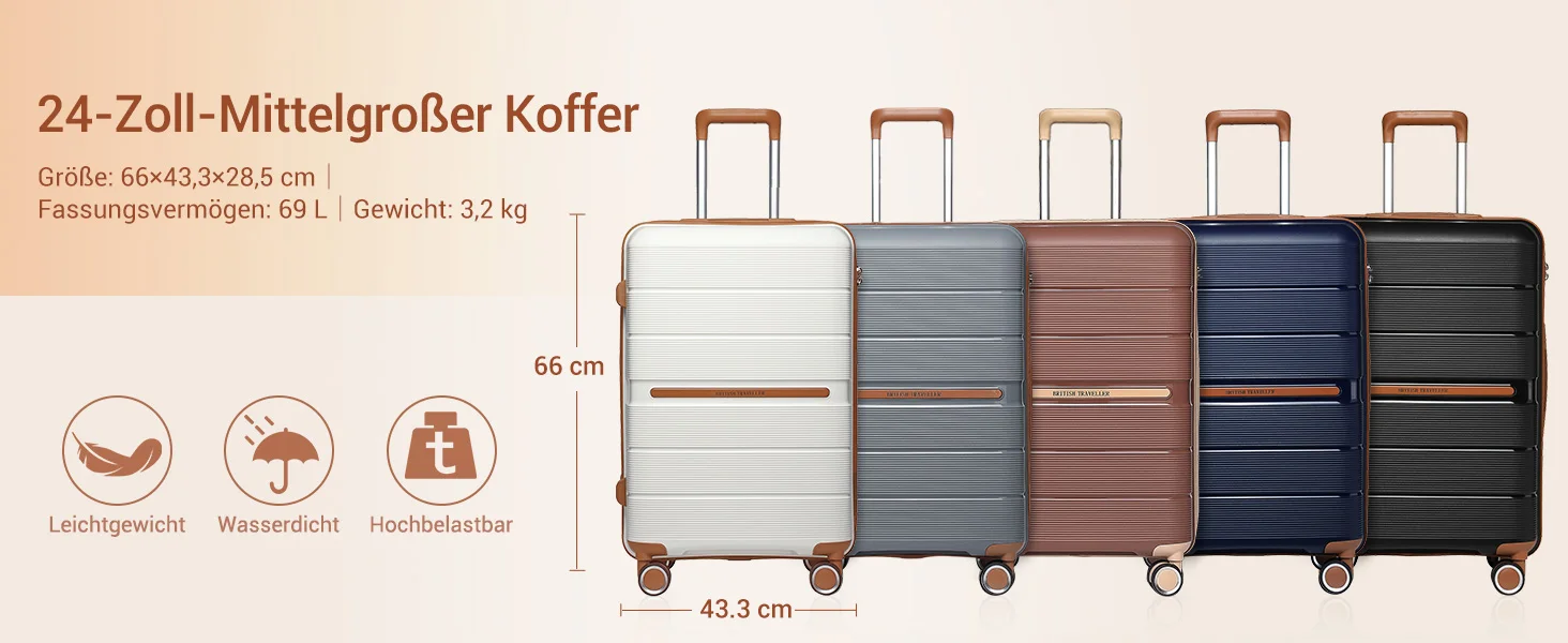 (56/66/76 cm) | British Traveller Hartschalen-Koffer mit 8 Spinnerrädern & TSA-Schloss | 100% PP | Handgepäcktauglich – Detail 8