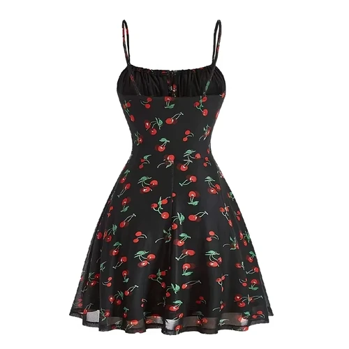 Imagen 2 del producto 2025 verano Sexy tirantes finos vestido de mujer moda mujer estampado de cereza sin mangas vestido con abertura Boho Casual playa vestidos por debajo de la rodilla