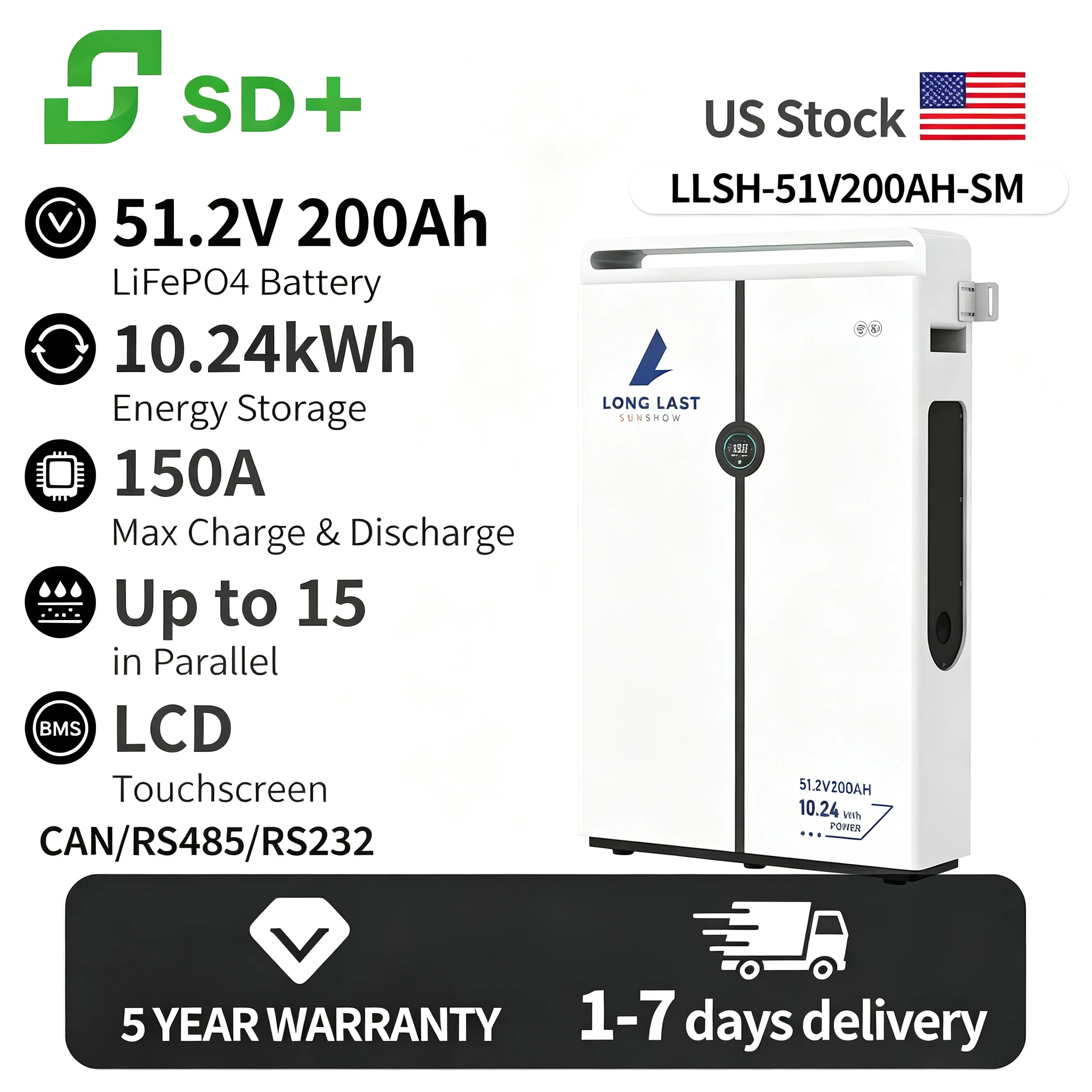 SANDISOLAR LLSH LiFePO4 Battery 51V200AH 10240Wh Deep Cycle Lithium Iron Phosphate 6000 Cycles Built in BMS for Solar System for Solar System RV Marine Off Grid Stock Fast Delivery