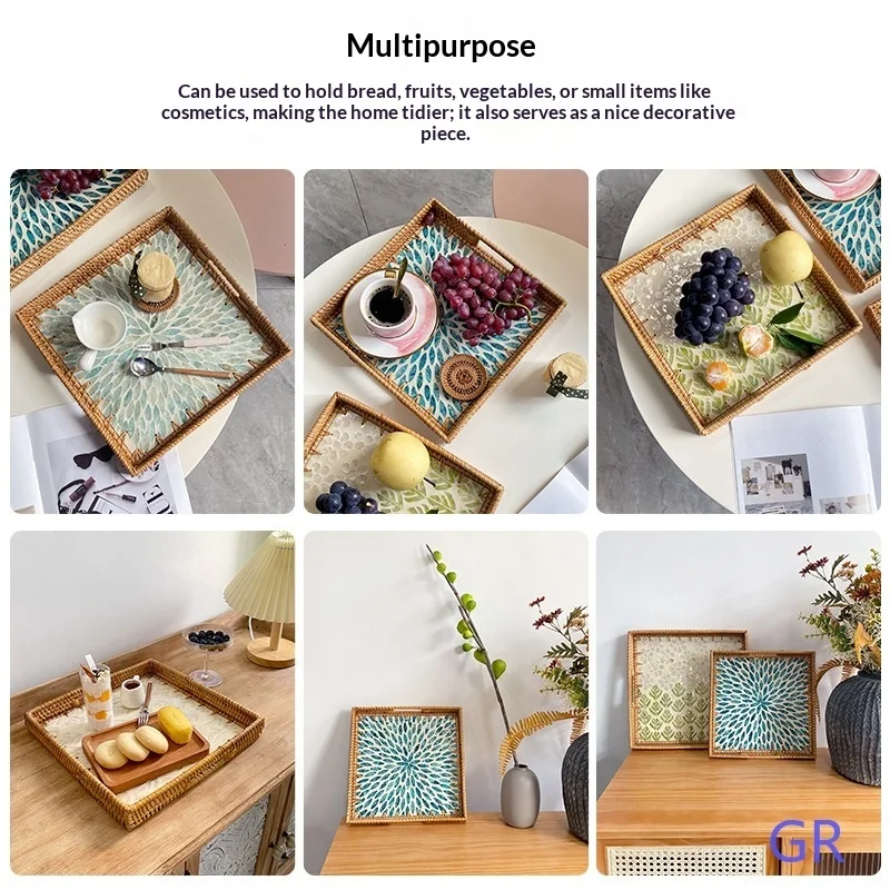 Rattan Woven Colorful Shell Storage Basket Square Tray for Home Kitchen Picnic