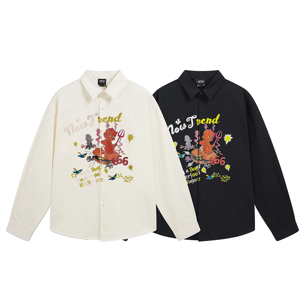 Funny Cartoon Print Men's Shirts Y2k Streetwear Long Sleeve Top Casual Oversized Shirt Korean Fashion Japanese Style Man Clothes