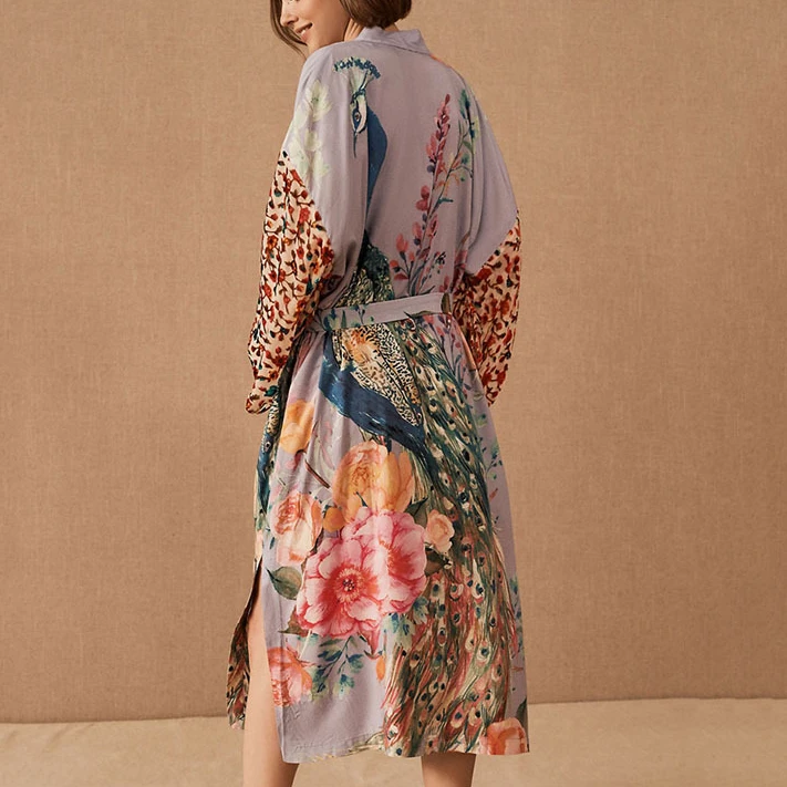 TEELYNN Casual Floral Print Cover-Ups Women Robe Vintage Gown Flare Sleeve Kimono Dress Boho Beach Wear Kaftan Summer Vestidos