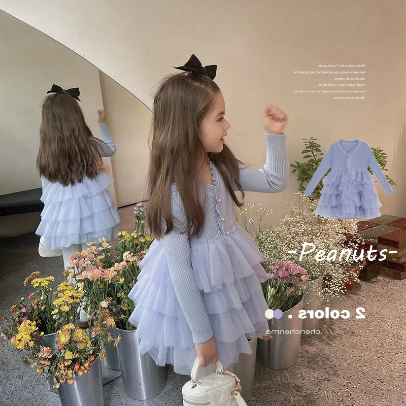 

Girls 2024 Spring and Autumn New Korean High Knitted Cake Dress Children's Internet Celebrity French Long-sleeved Dress