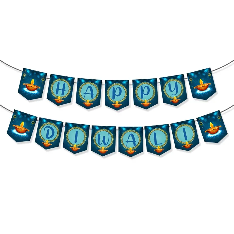 2Pcs Indian Diwali HAPPY DIWALI Letters Swallow Flags Hanging Banner Candle Shape Banner Backdrop for Diwali Party Decorations