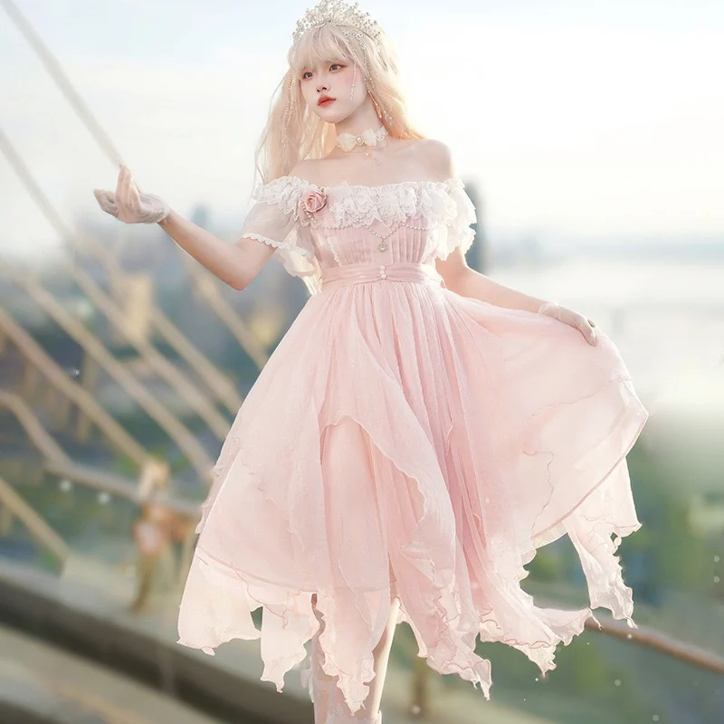 

Pink Kawaii Off Shoulder Lolita Dress Flower Wedding Op Fairy Lace Princess Dress Summer Sweet Girl
