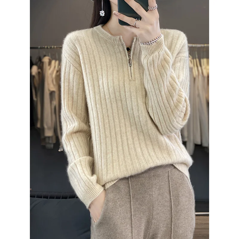 Fashion Solid Zipper Round Collar Sweater For Women 100% Wool 2023 Autumn Winter New Casual Knitwear Long Sleeve Female Tops