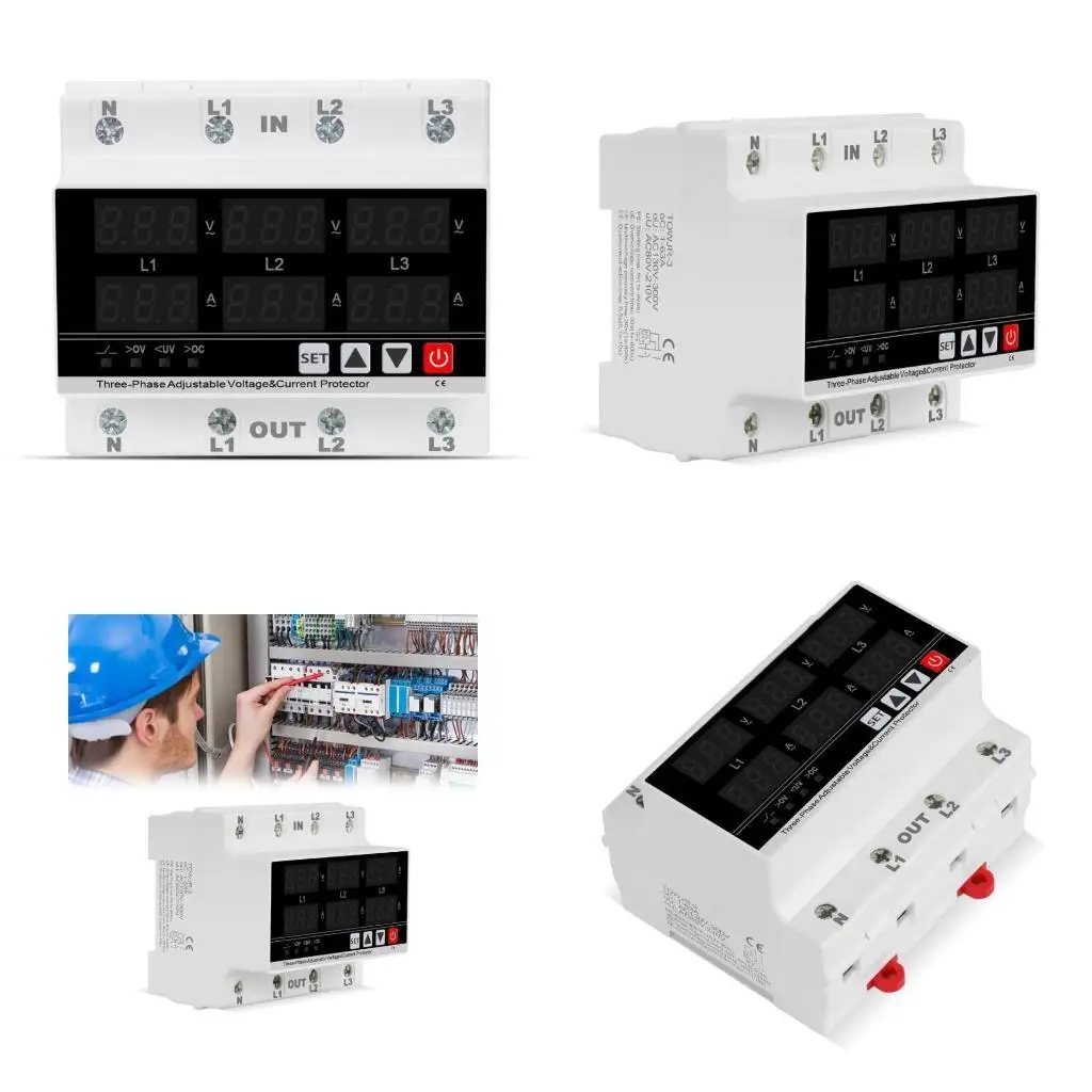 

652F Automatic Overvoltage Overcurrent Protector 3 Phase Din Voltmeter Ammeter Electricity Usage Monitors Power Meter