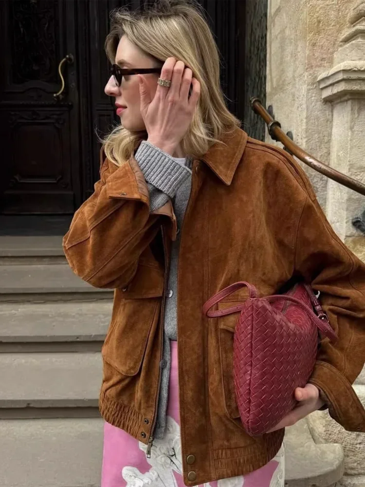 Senhora chique lapela curto bombardeiro jaqueta casual manga cheia com zíper bolso solto colheita jaquetas 2026 primavera feminino diário rua outerwear