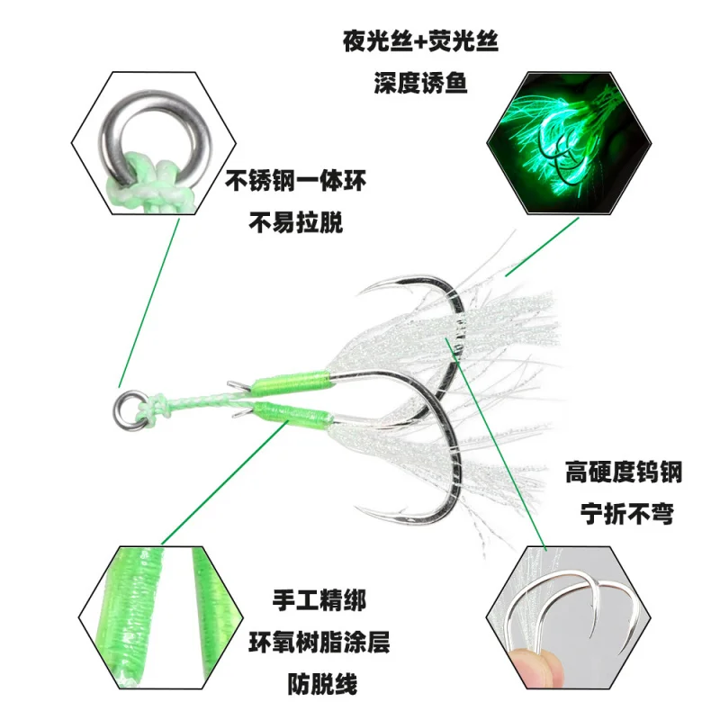 5PCS Luminous Iron Plate Fish Hooks 1/0#-4/0# Double Handmade Steel Wire Lead for Sea And Night Fishing
