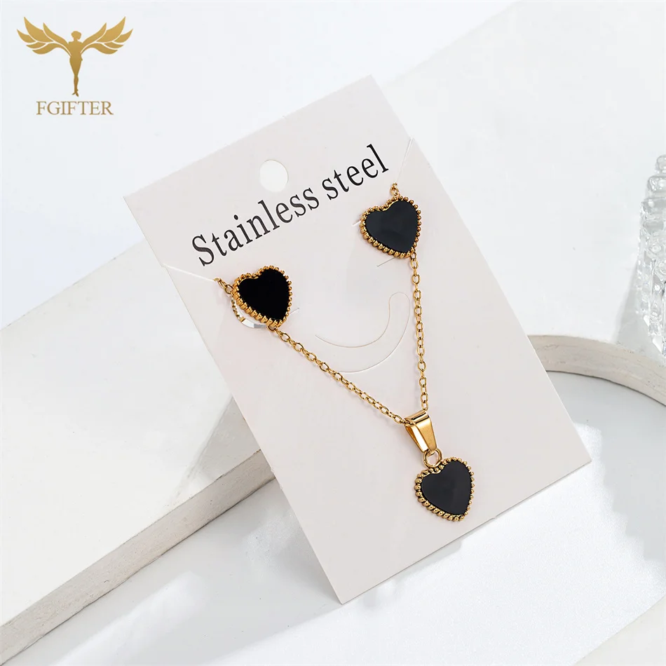 Fashion Women Jewelry Set Wedding Engagement Gifts Golden Stainless Steel Heart Earrings Pendant Necklace High Quality Plated