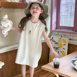 Medium Sized Girl Baby Casual Dress Korean Version Loose Daily Long Cartoon T-shirt Dress Children Short Sleeved Clothing