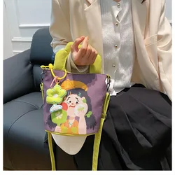 Cute Illustration Bucket Bag, Female Handheld Graffiti Canvas Bag, Instagram Japanese Cartoon Shoulder Bag, Casual Crossbody Bag