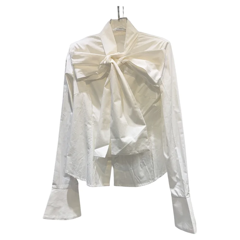 เสื้อผู้หญิงทรงตรง แขนยาว สไตล์ฝรั่งเศส ผ้าระบายอากาศ ดีไซน์ผูกโบว์สีพื้น เรียบหรู ดูอ่อนเยาว์