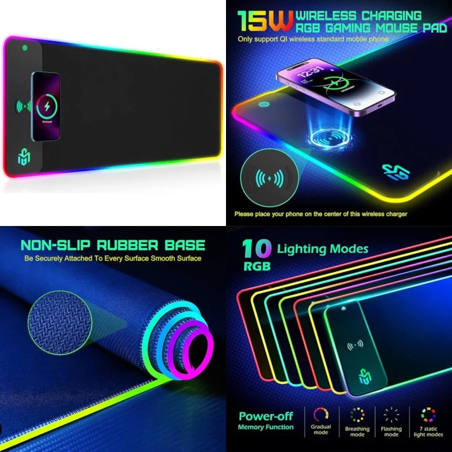 Wireless Charging RGB Gaming Mouse Pad 15W, LED Mouse Mat 800x300x4MM, 10 Light Modes Extra Large Mousepad Non-Slip Rubber Base