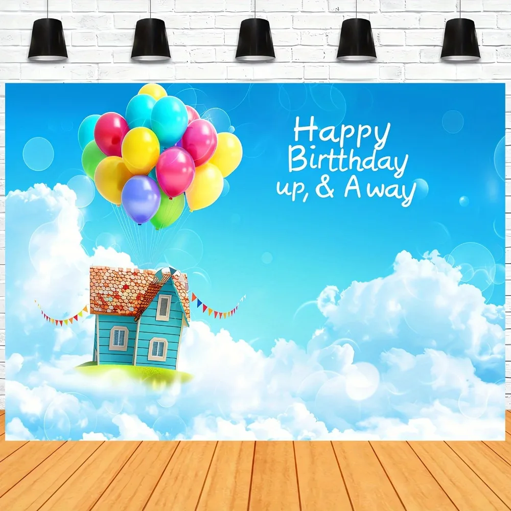 Birthday party photo background Adventure Happy Birthday up, balloons party decoration blue sky white clouds, banner decoration