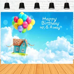 Birthday party photo background Adventure Happy Birthday up, balloons party decoration blue sky white clouds, banner decoration