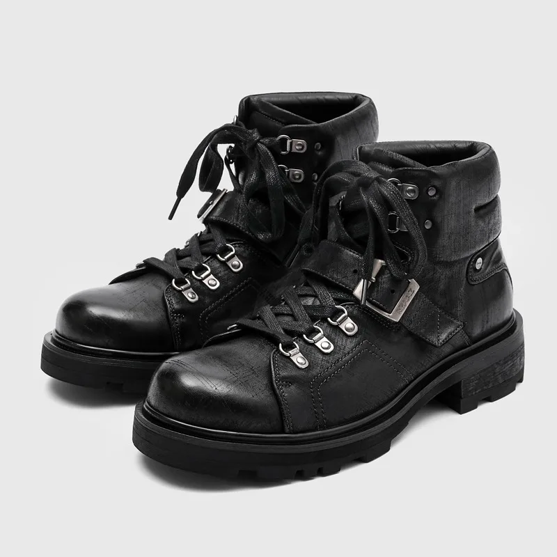 

Vintage Cowhide Handmade Washed Horseskin Hiking Shoes Men's Ankle Boots Genuine Leather Thick Sole Work Chelsea High-Top Boots