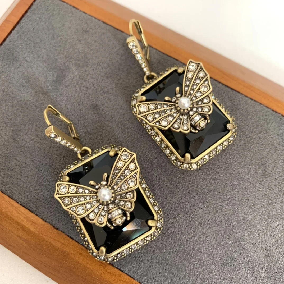 

Дизайнерские ювелирные изделия, черный драгоценный камень, бабочка, жемчуг, квадратные серьги, ожерелье, кольцо, роскошный комплект, женский гот, бохо, брендовый тренд